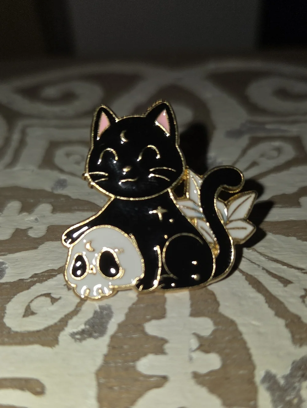 Black Cat Enamel Pin with White Skull Accent
